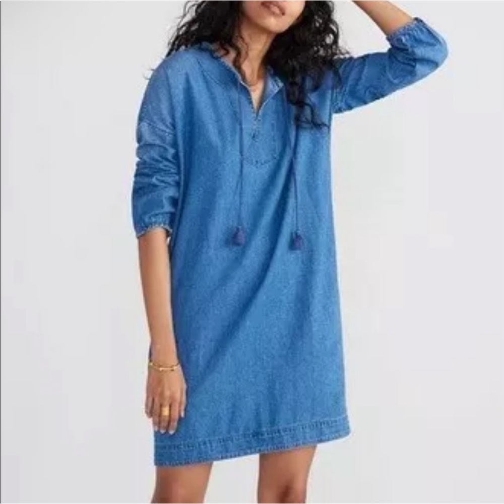 Madewell Denim Artiste 3/4 Sleeve Tasseled Mini Shift Dress Women’s Medium Blue